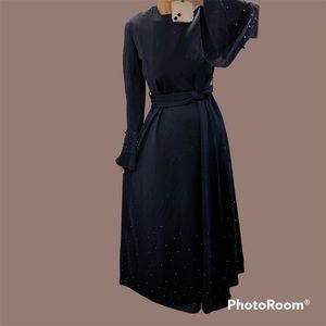 MIDNIGHT BLUE MAXI DRESS with Pearl work, bell sleeves and belt 🌌
